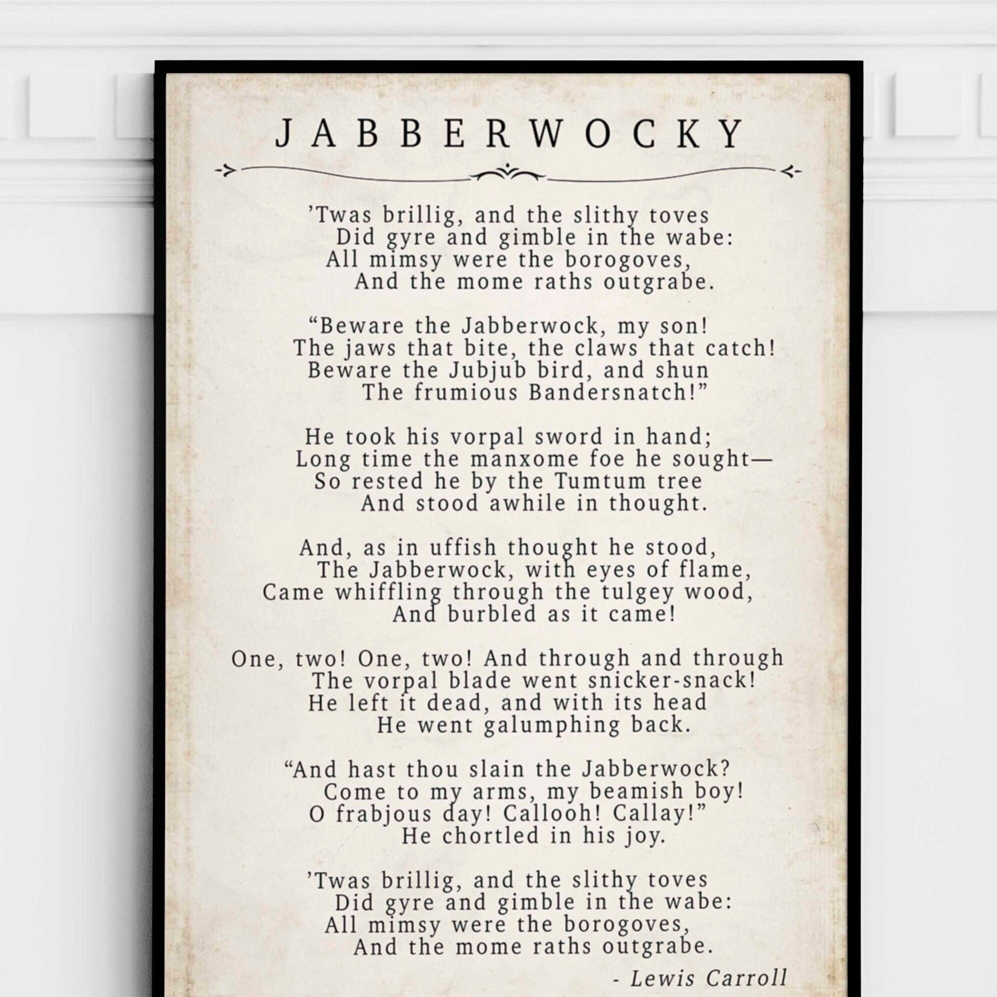 Jabberwocky - Lewis Caroll Poetry Print in Vintage Style Unframed and Framed Art
