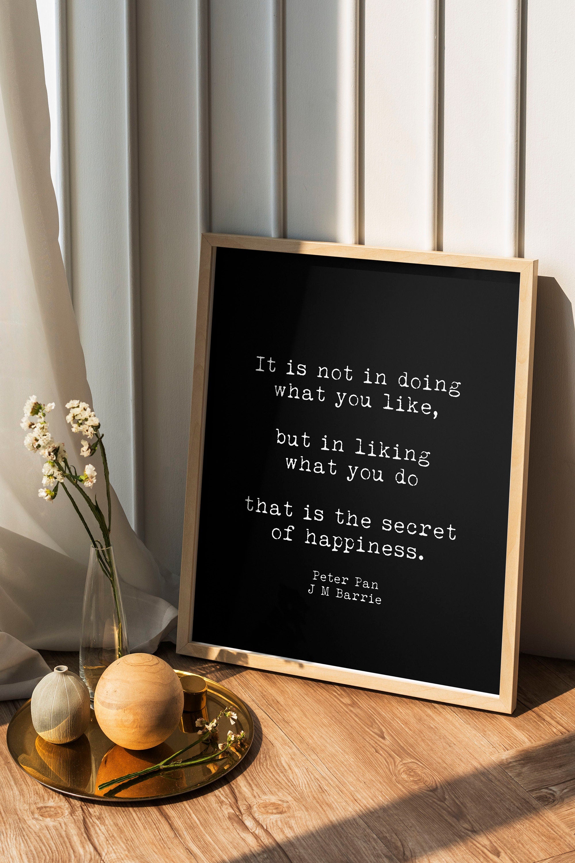 Peter Pan Quote Print J.M. Barrie Secret of Happiness Wall Art, Inspirational Literary Poster for Book Lovers, Readers, Teachers or Office