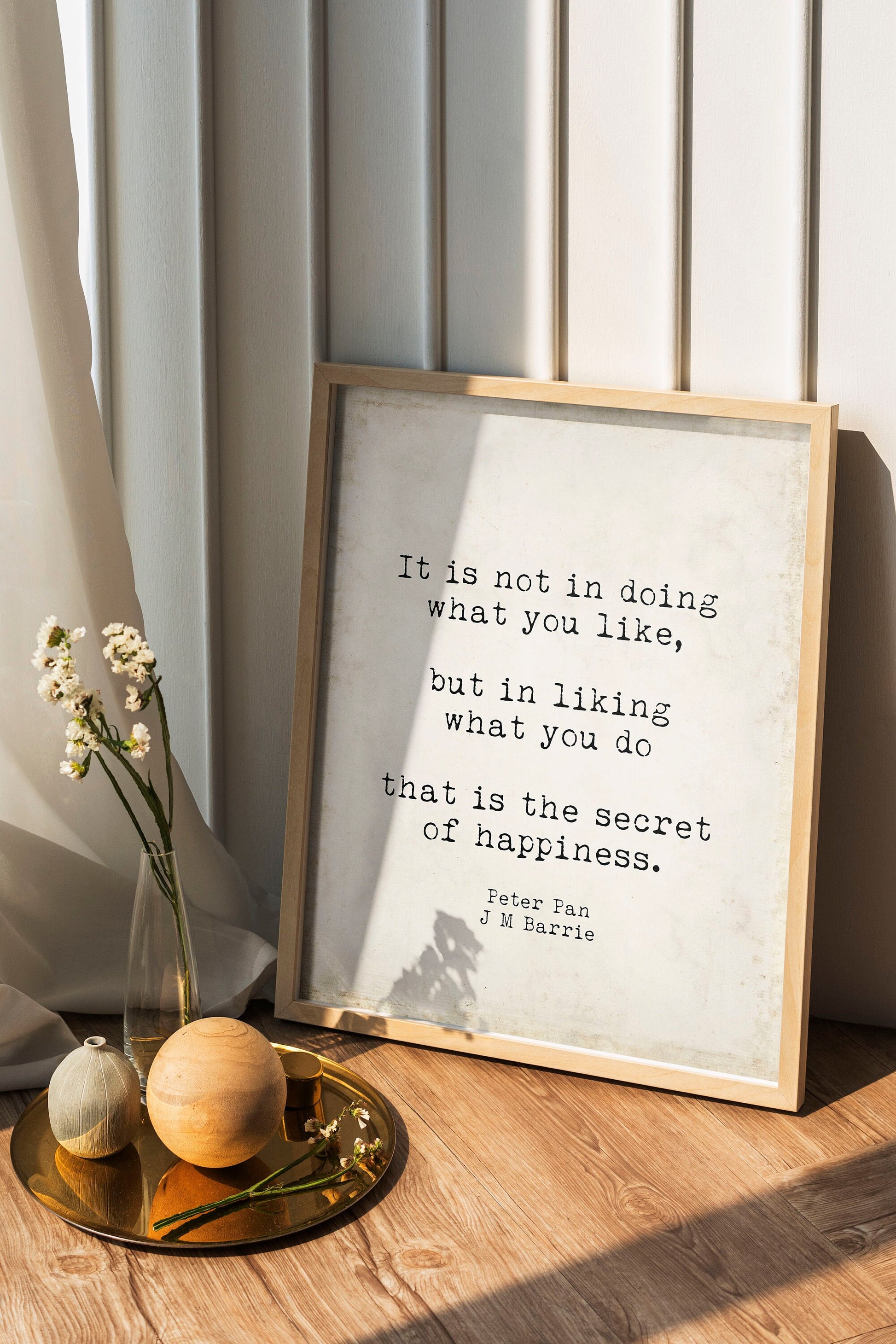 Peter Pan Quote Print J.M. Barrie Secret of Happiness Wall Art, Inspirational Literary Poster for Book Lovers