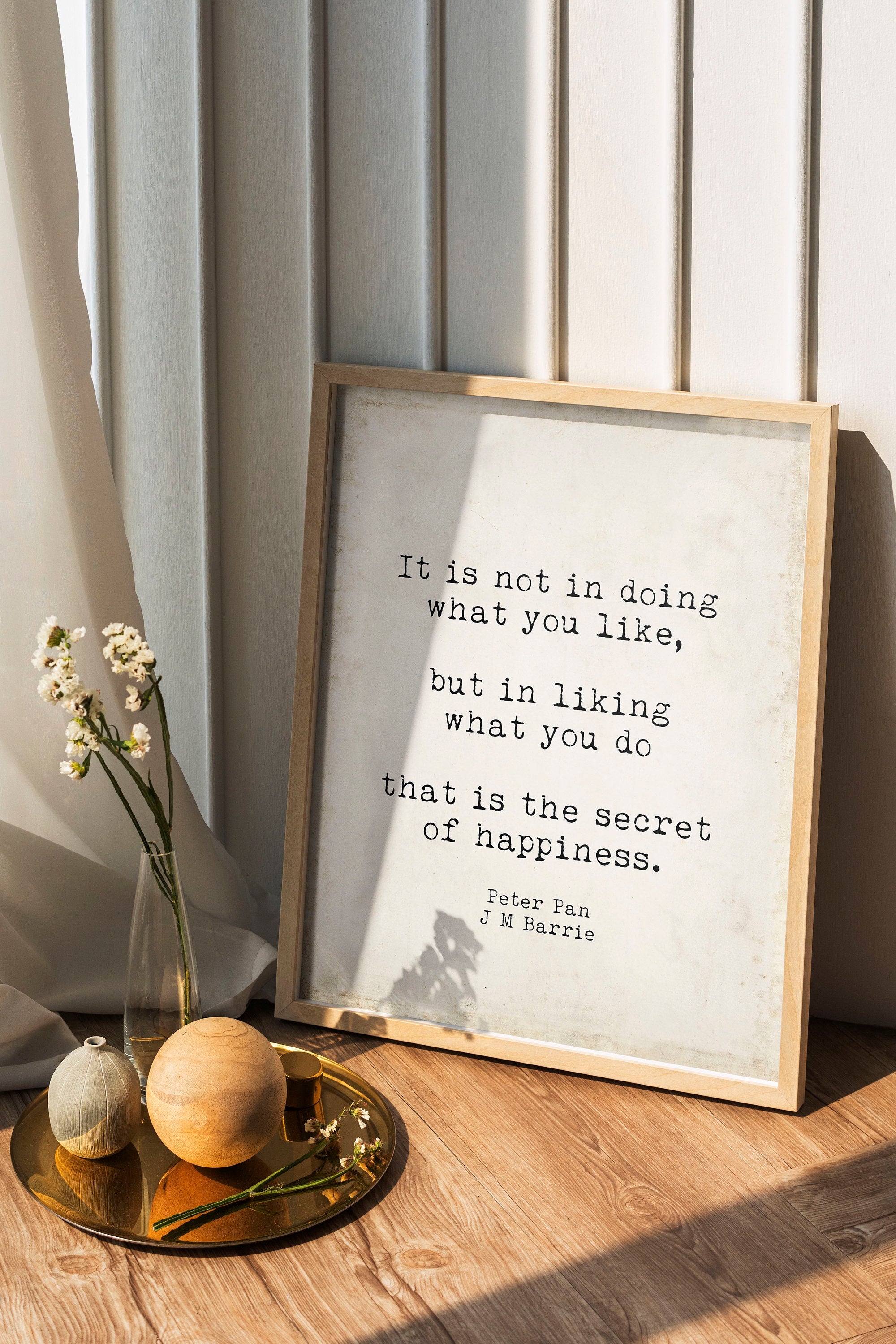 Peter Pan Quote Print J.M. Barrie Secret of Happiness Wall Art, Inspirational Literary Poster for Book Lovers, Readers, Teachers or Office