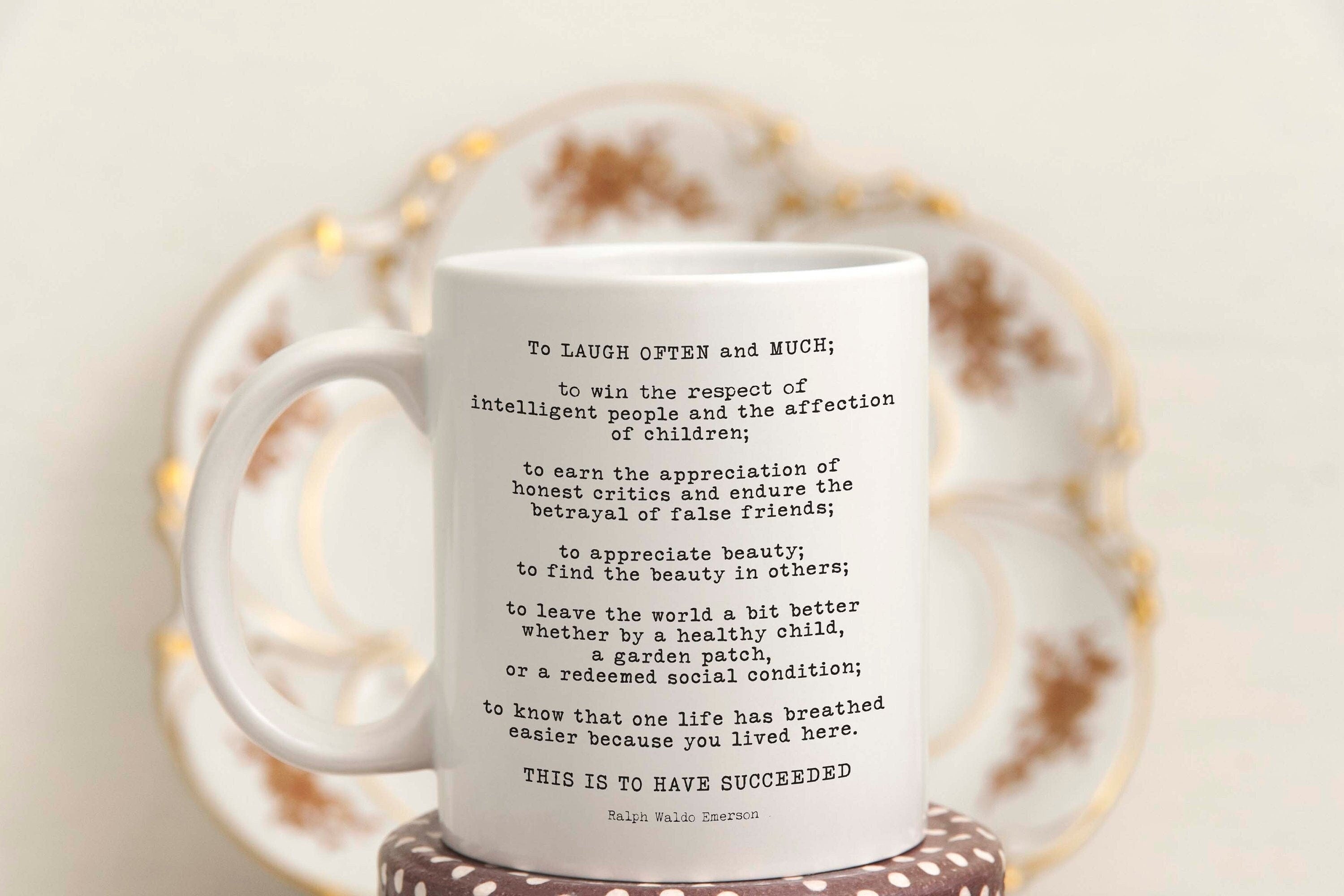 Ralph Waldo Emerson Success Quote Desk Decor Mug – Ceramic Literary Coffee Cup