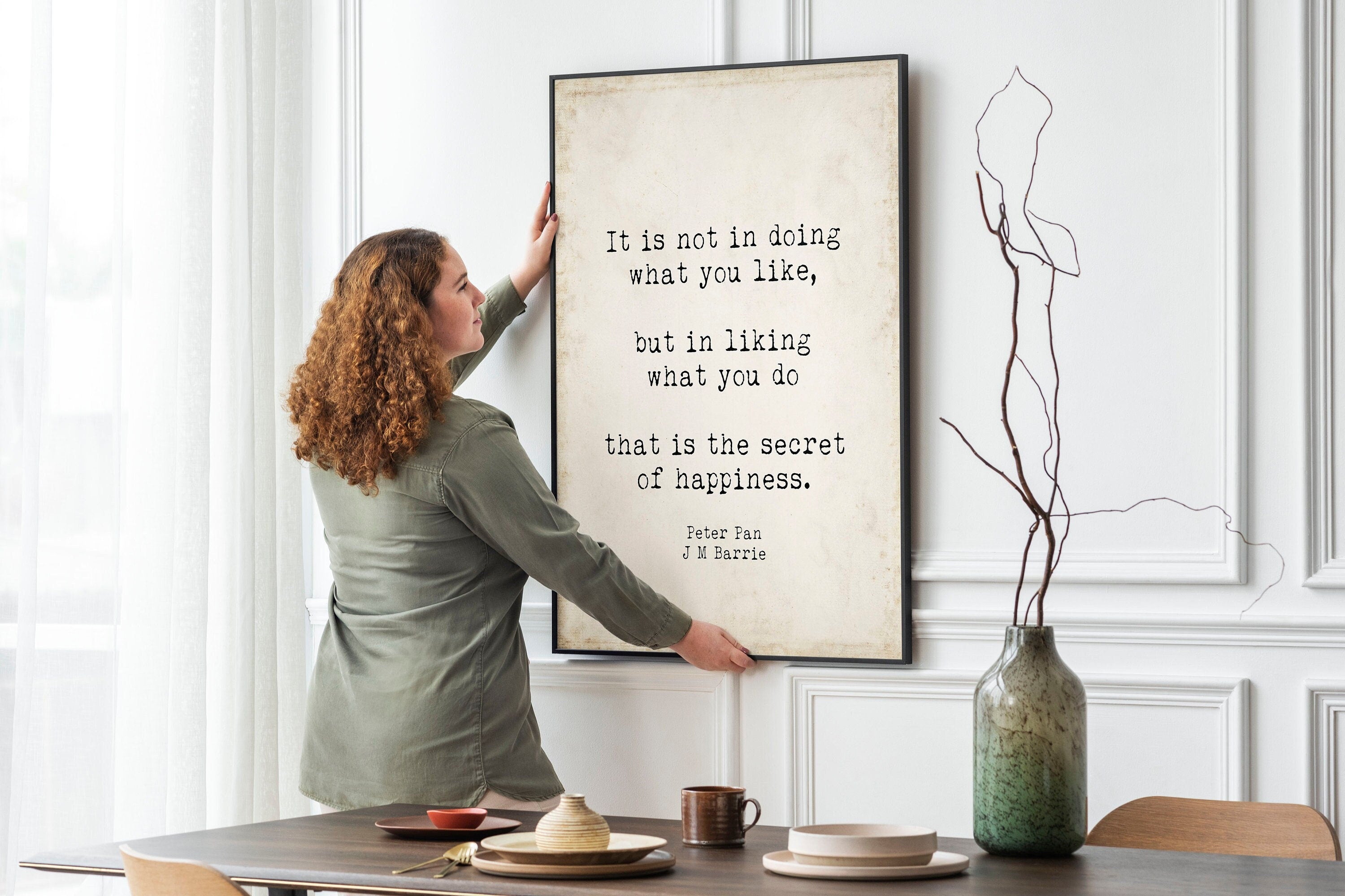 Peter Pan Quote Print J.M. Barrie Secret of Happiness Wall Art, Inspirational Literary Poster for Book Lovers, Readers, Teachers or Office