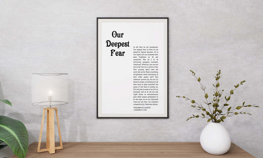 Our Deepest Fear Quote Print, Marianne Williamson Unframed Wall Art Prints in Black & White Inspirational Gifts