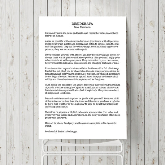 Desiderata Print modern minimalist poster, Max Ehrmann Classic Literary Art
