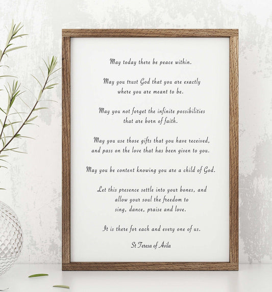 St. Teresa Of Avila Peace Quote Print in Black & White, May Today There Be Peace Within Inspirational Quote Wall Art Print