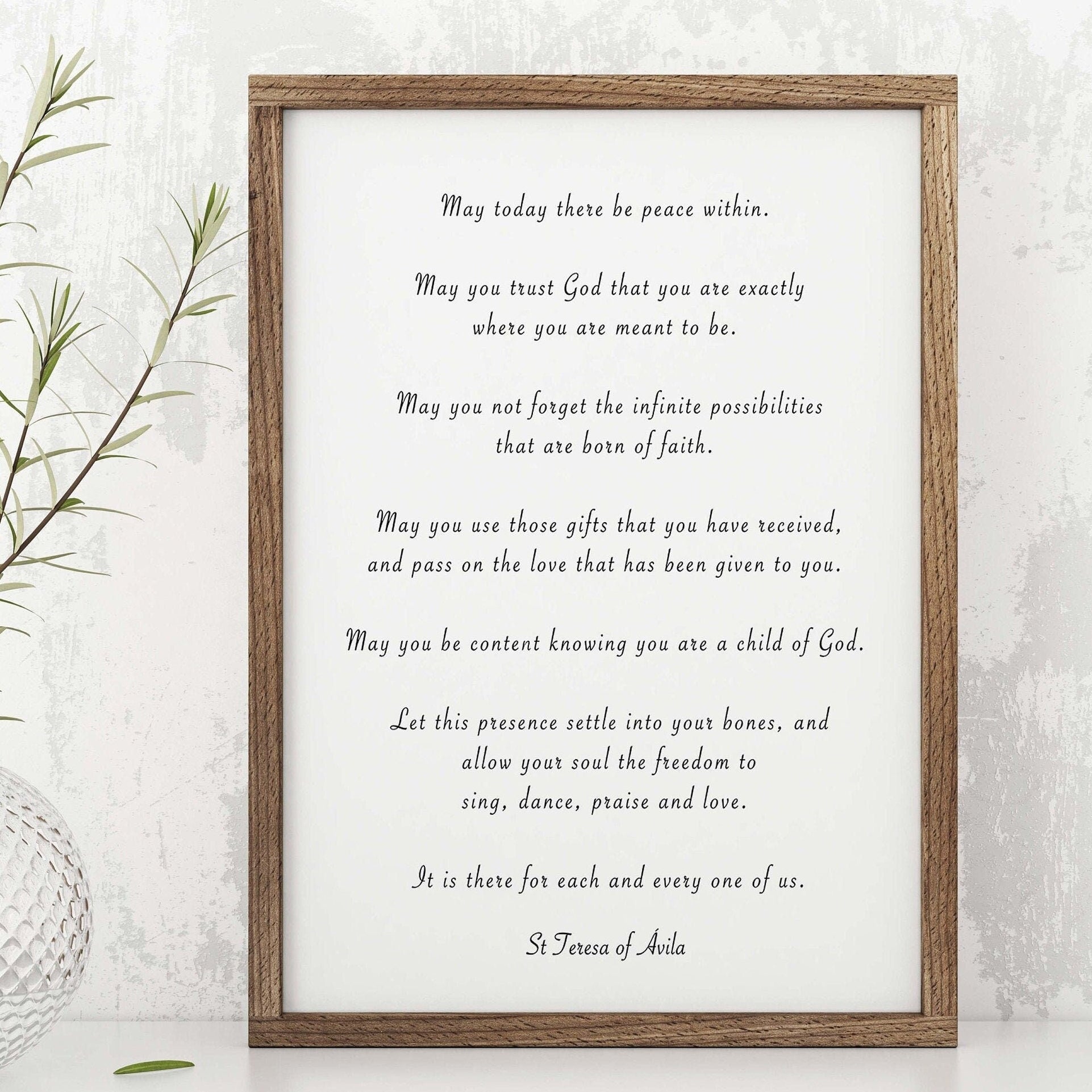 St. Teresa Of Avila Peace Quote Print in Black & White, May Today There Be Peace Within Inspirational Quote Wall Art Print