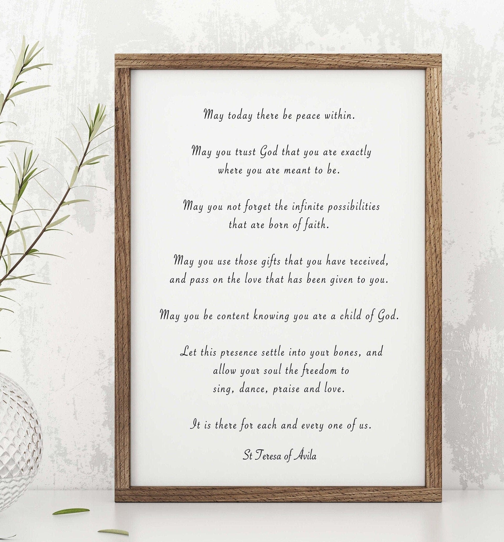 St. Teresa Of Avila Peace Quote Print in Black & White, May Today There Be Peace Within Inspirational Quote Wall Art Print