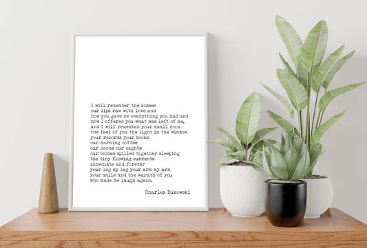 Charles Bukowski I Will Remember the Kisses Poem Print, Minimalist Black & White Bukowski Poetry Poster Print