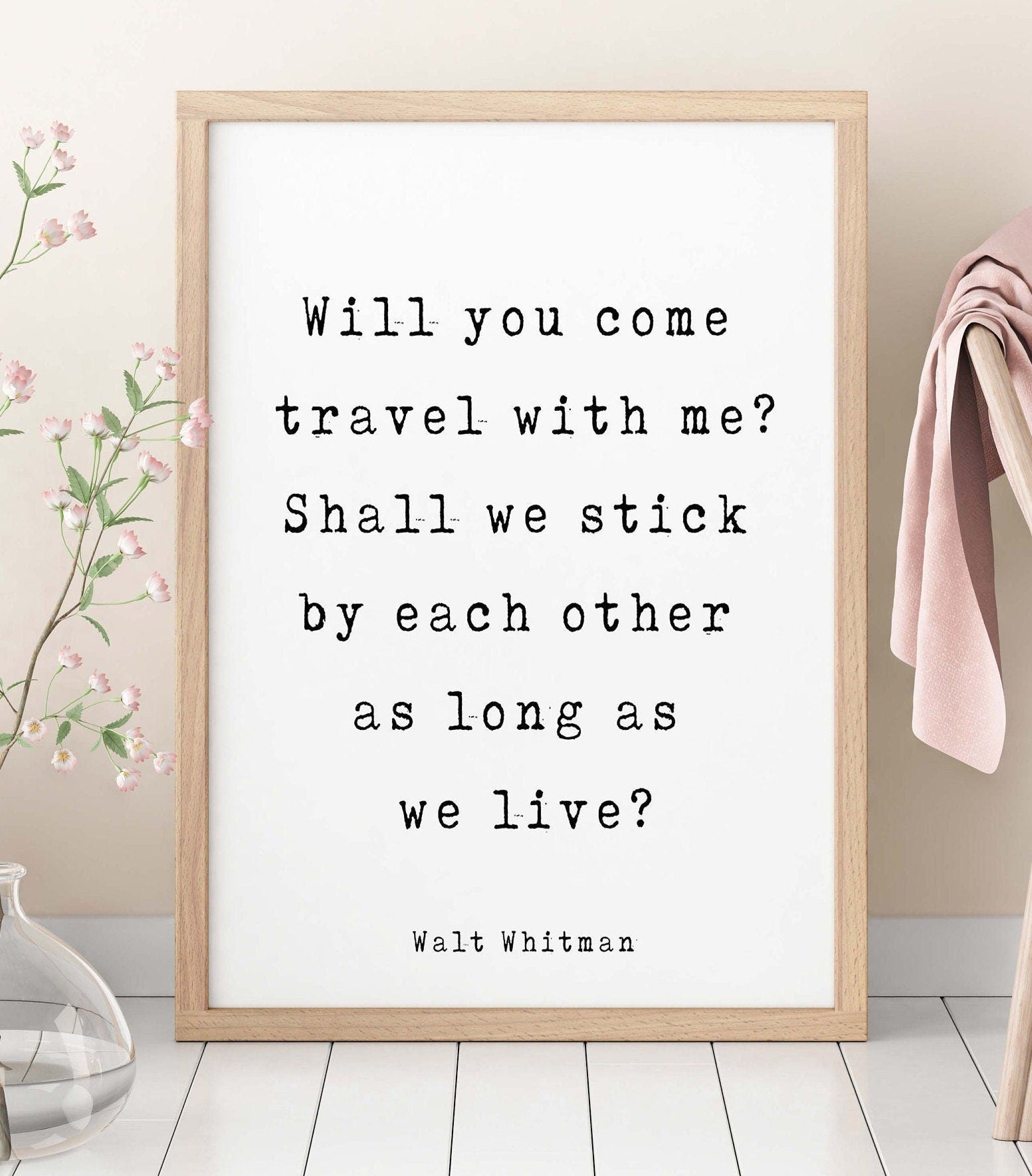 Walt Whitman Quote Print, Will You Come Travel With Me? Inspirational Love Poem in Black & White for Home Wall Decor