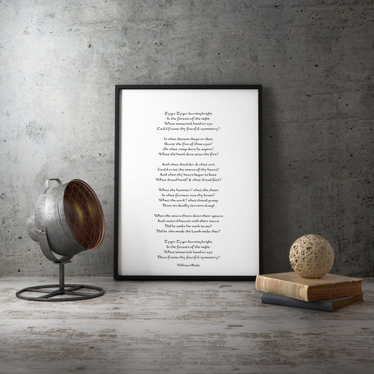 William Blake The Tyger Poem Print Black & White Art for Home Wall Decor, Tiger Tiger Burning Bright Unframed