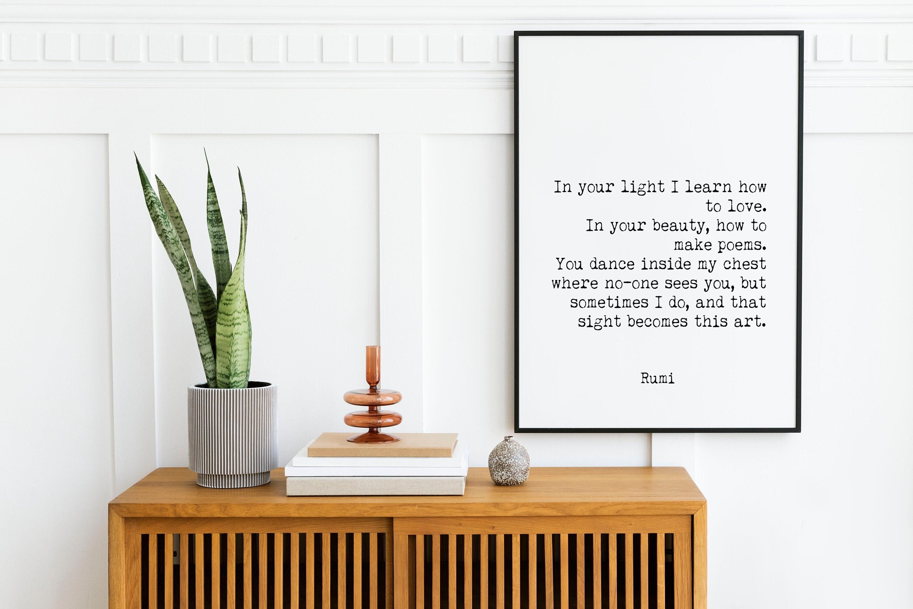 Romantic Rumi Love Quote Wall Art – “In Your Light I Learn How to Love” Typewriter Style Print, Poetic Minimalist Bedroom Decor