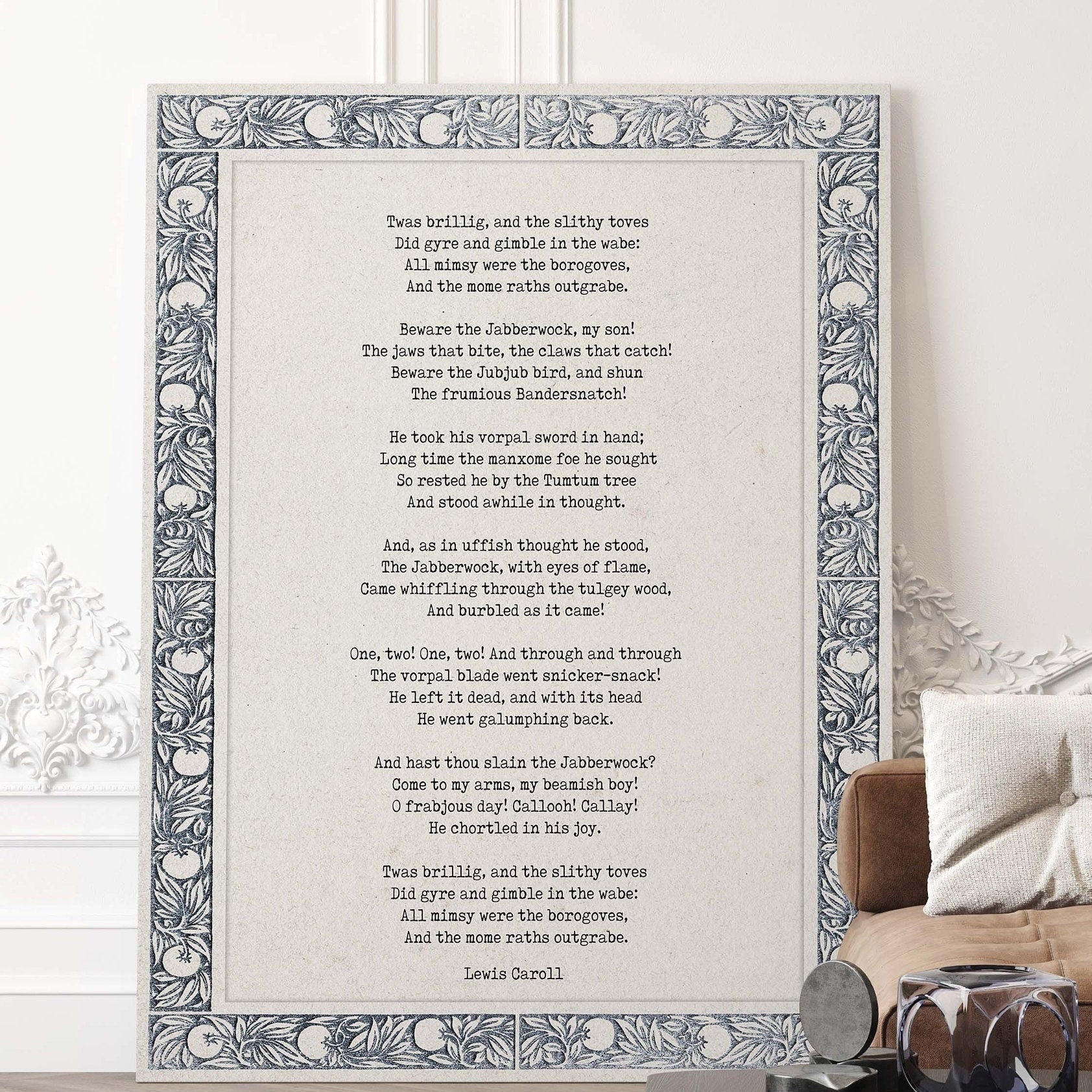 Jabberwocky Lewis Caroll Wall Art Print in Black & White for Living Room Wall Art