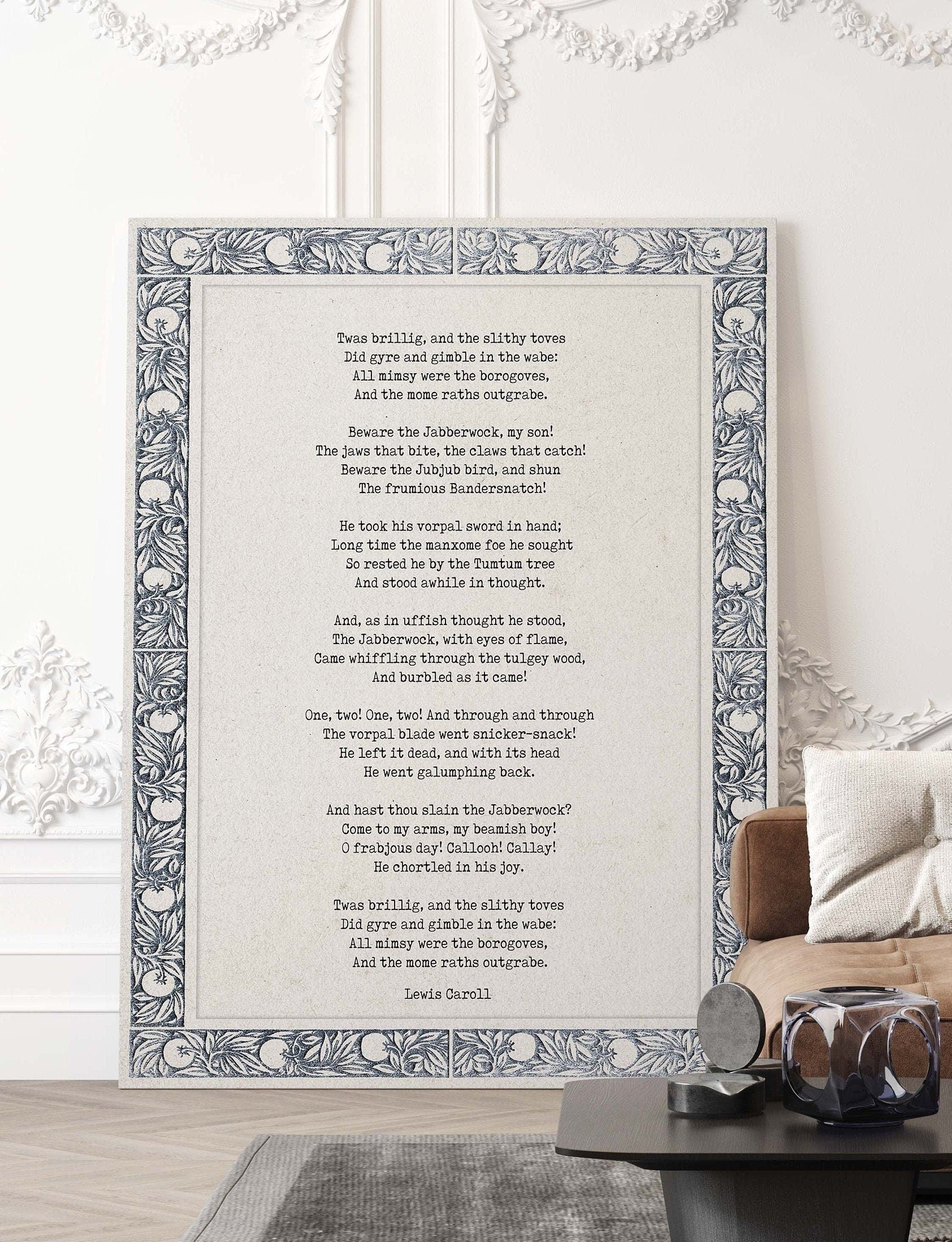 Jabberwocky Lewis Caroll Wall Art Print in Black & White for Living Room Wall Art