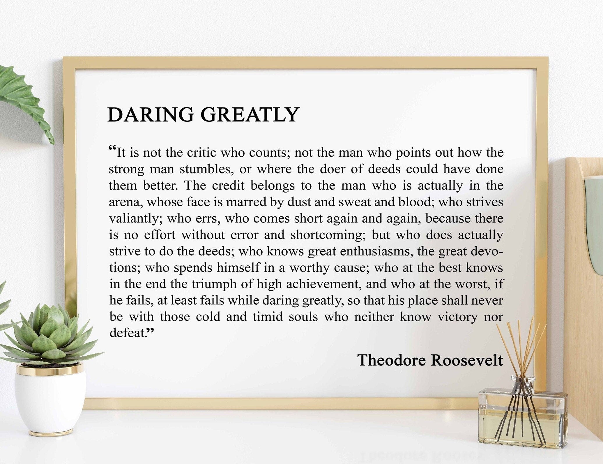 Daring Greatly Man in the Arena Theodore Roosevelt Office Wall Decor, Inspirational Quotes unframed Wall Art in Black and White