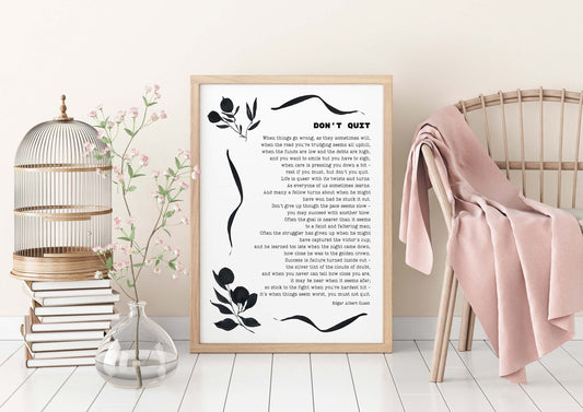 Don't Quit Edgar Albert Guest Inspirational Poem Wall Art Print, Unframed Poetry Black & White Art