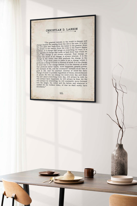 Christian D. Larson Change Quote Book Page Inspirational Wall Art, The Greatest Remedy In The World Is Change Vintage Style Print Wall Decor