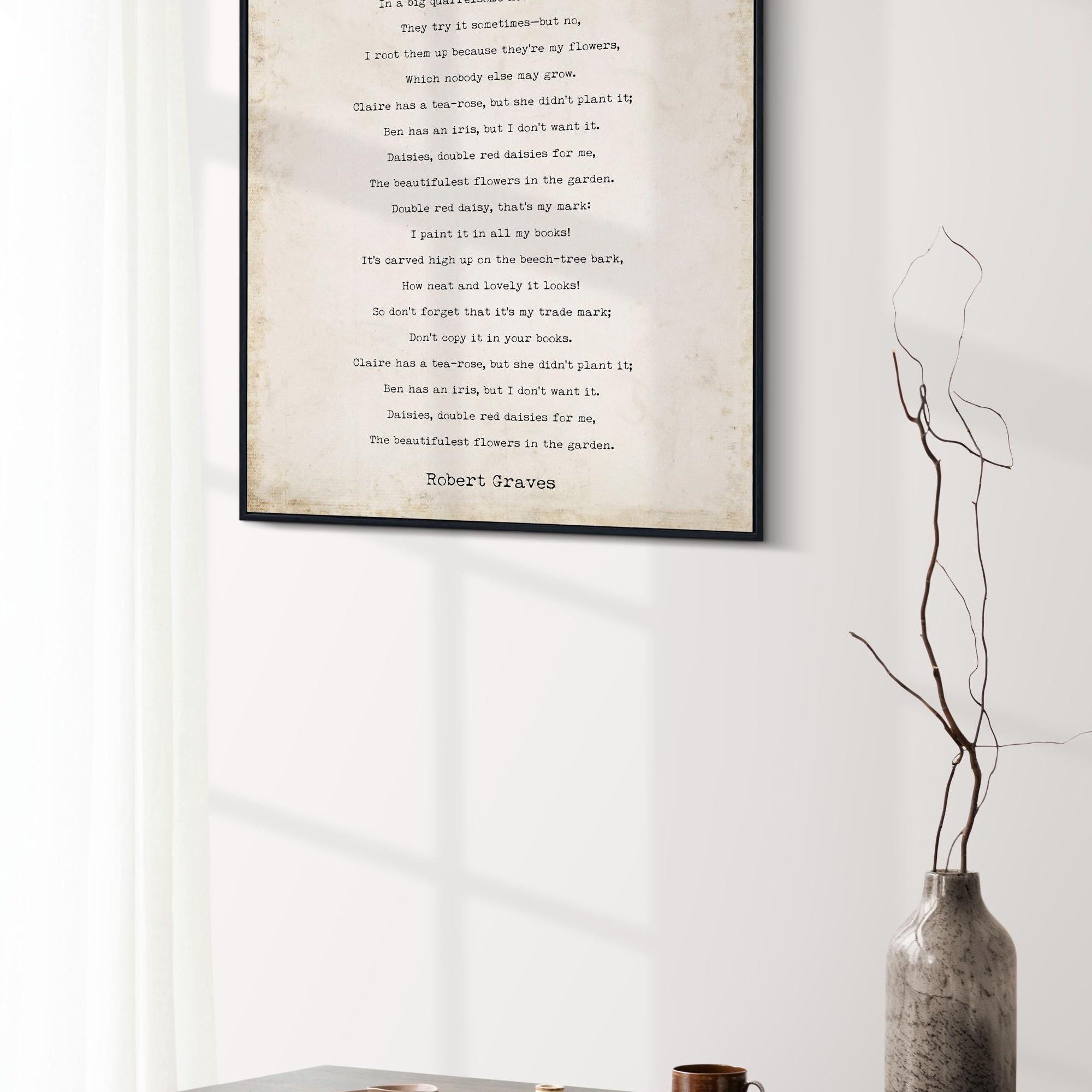 Robert Graves Poem Print Double Red Daisies Literary Quote Wall Art Typewriter Poem Print Black White Vintage Decor Book Lover Gift