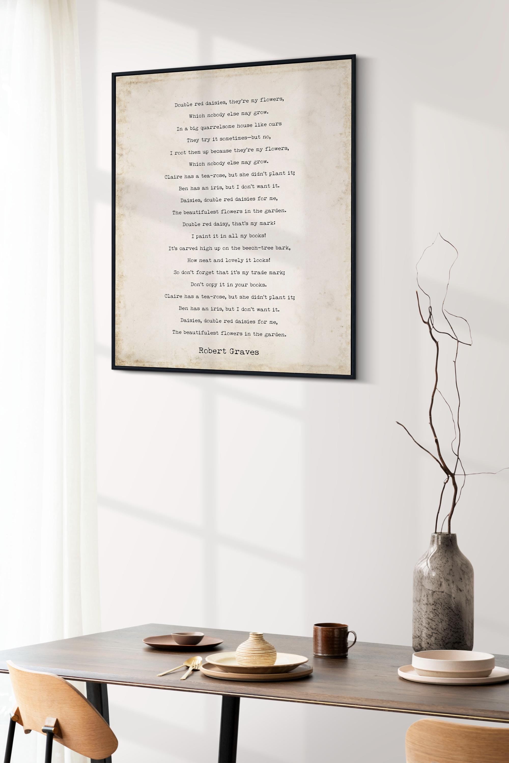 Robert Graves Poem Print Double Red Daisies Literary Quote Wall Art Typewriter Poem Print Black White Vintage Decor Book Lover Gift