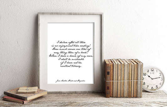 Jane Austen Library Quote Print Pride And Prejudice Book Lover Wall Art Calligraphy Style Black White Background Literary Decor Reading Gift