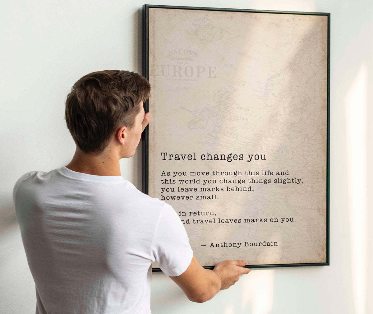 Anthony Bourdain Travel Quote Print Literary Wall Art With Vintage Map Background