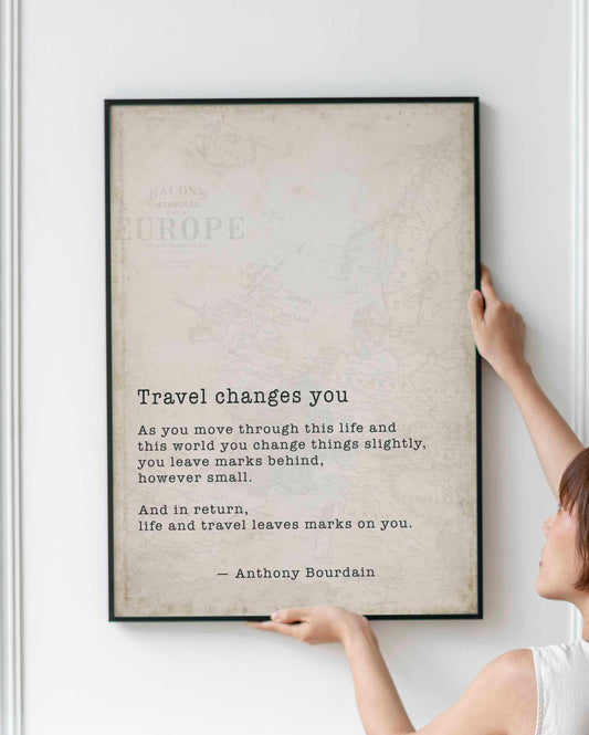 Anthony Bourdain Travel Quote Print Literary Wall Art With Vintage Map Background