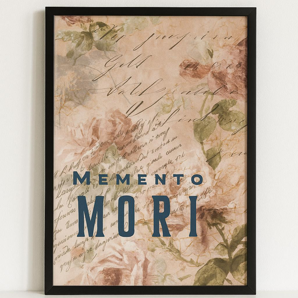Memento Mori Print with Vintage Floral Background – Elegant Gothic Wall Art Reminder of Mortality – Framed or Unframed Quote Poster