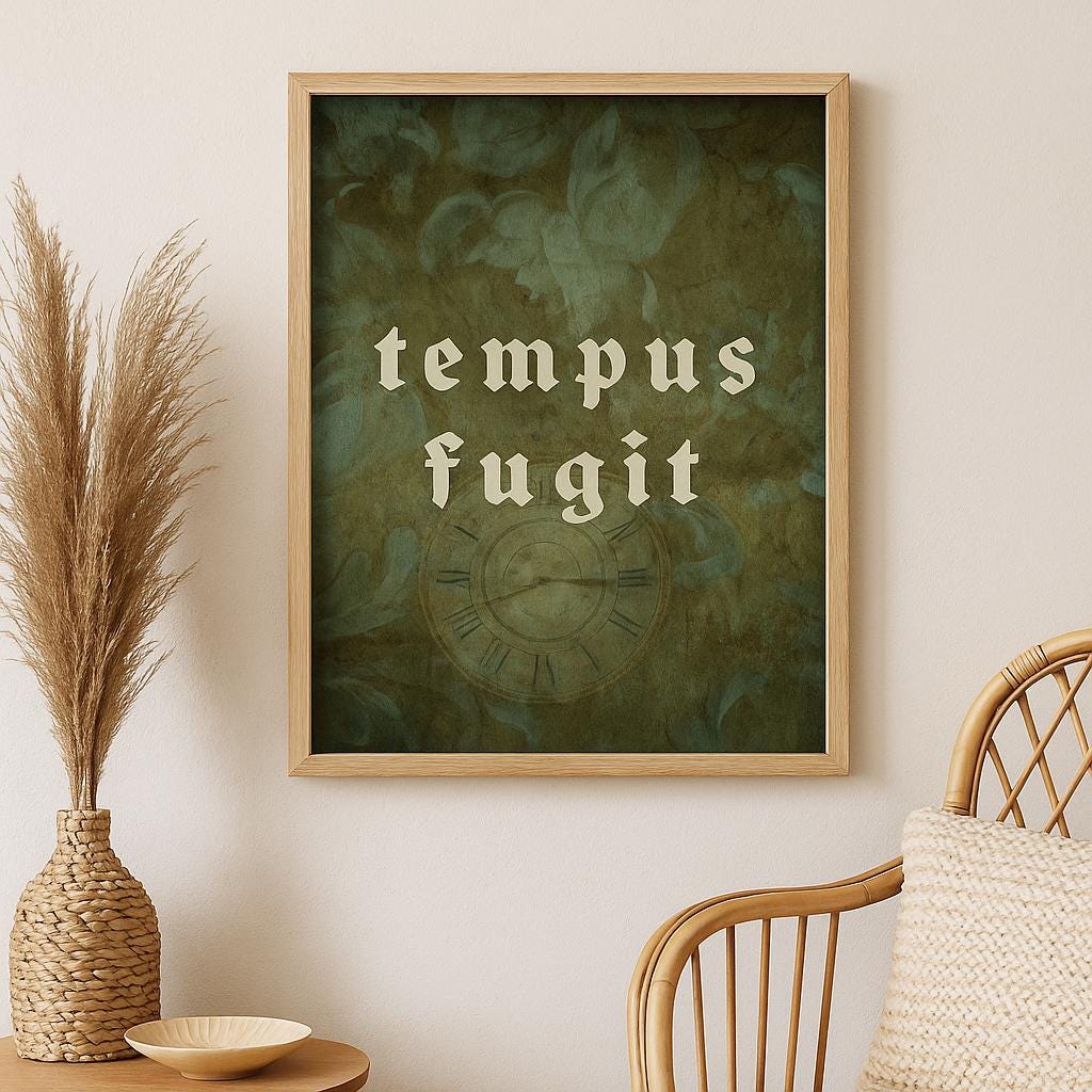 Tempus Fugit Wall Art – Latin Quote Print with Vintage Clock and Floral Background – Time Flies Framed or Unframed Gothic Decor