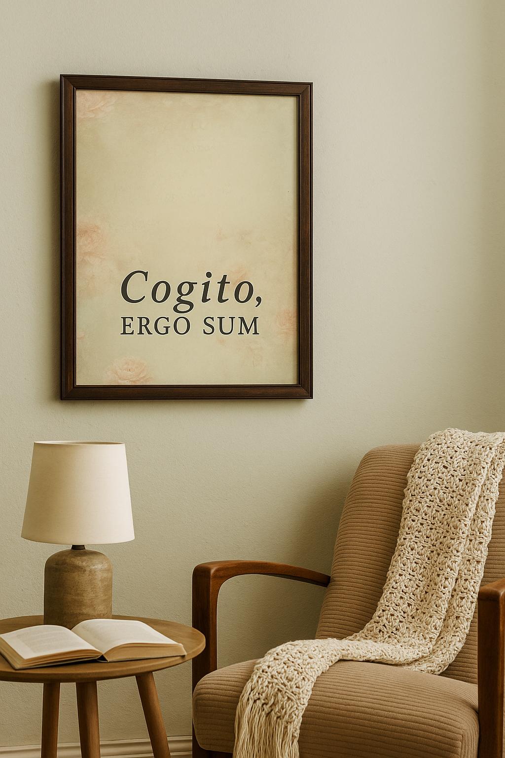 Cogito Ergo Sum Latin Quote Print – I Think Therefore I Am Wall Art with Vintage Floral Background – Philosophy Gift Decor