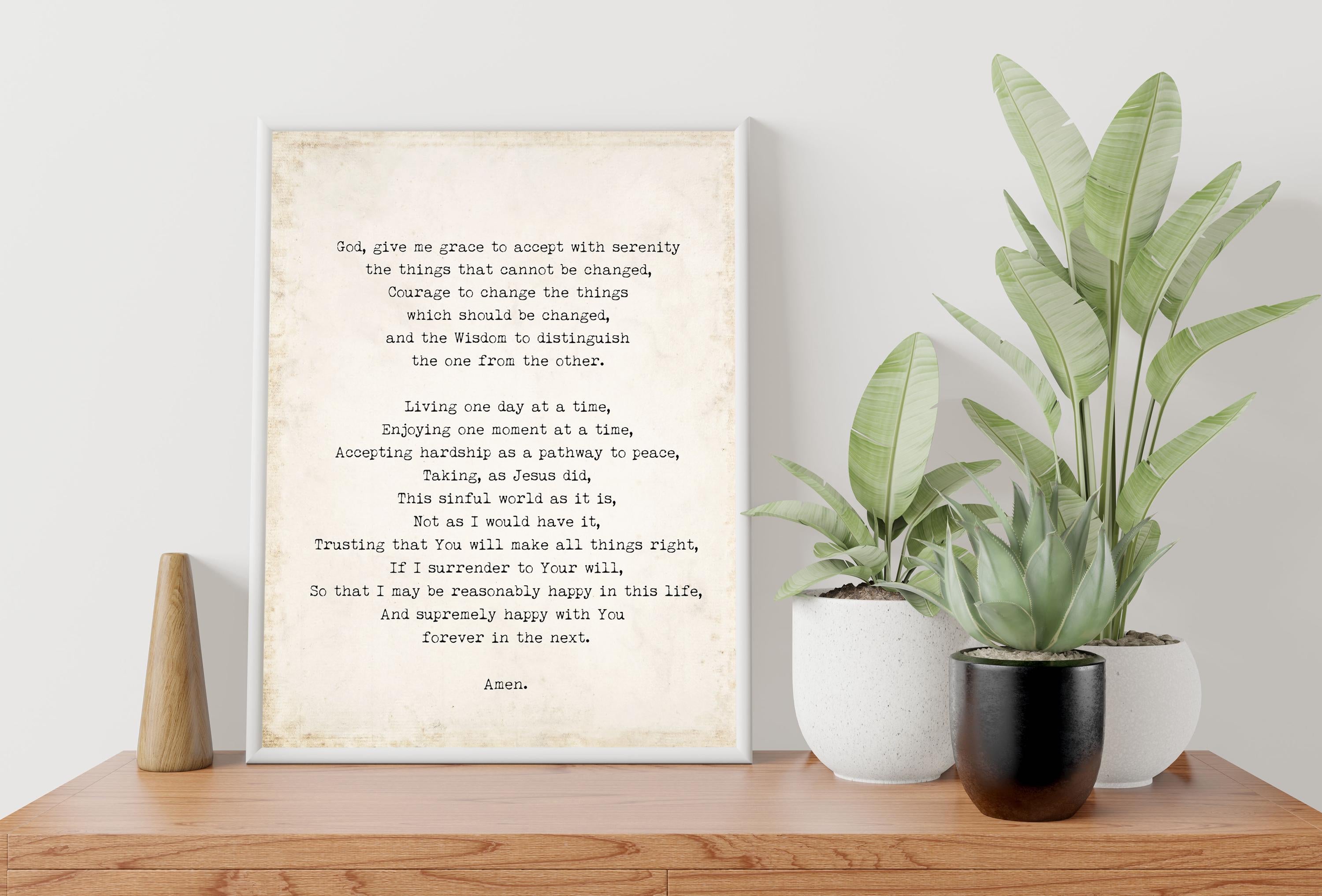 Serenity Prayer Christian Wall Art Print – Religious Quote Poster in Vintage, Black or White Background – Inspirational Bible Verse Decor