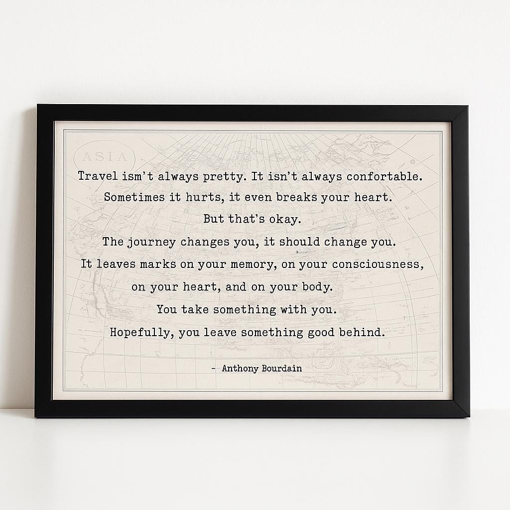 Anthony Bourdain Travel Quote Print – Inspirational Travel Wall Art About Change and Meaningful Journeys – Framed or Unframed Poster
