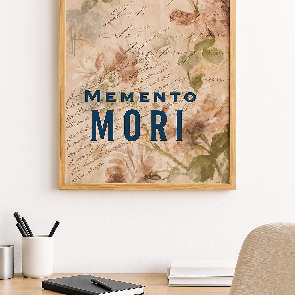 Memento Mori Print with Vintage Floral Background – Elegant Gothic Wall Art Reminder of Mortality – Framed or Unframed Quote Poster