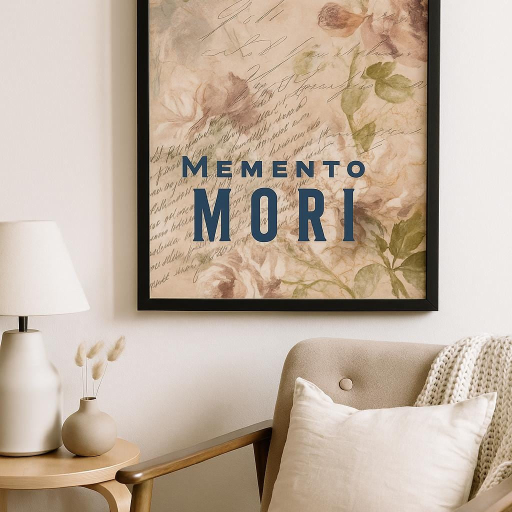 Memento Mori Print with Vintage Floral Background – Elegant Gothic Wall Art Reminder of Mortality – Framed or Unframed Quote Poster