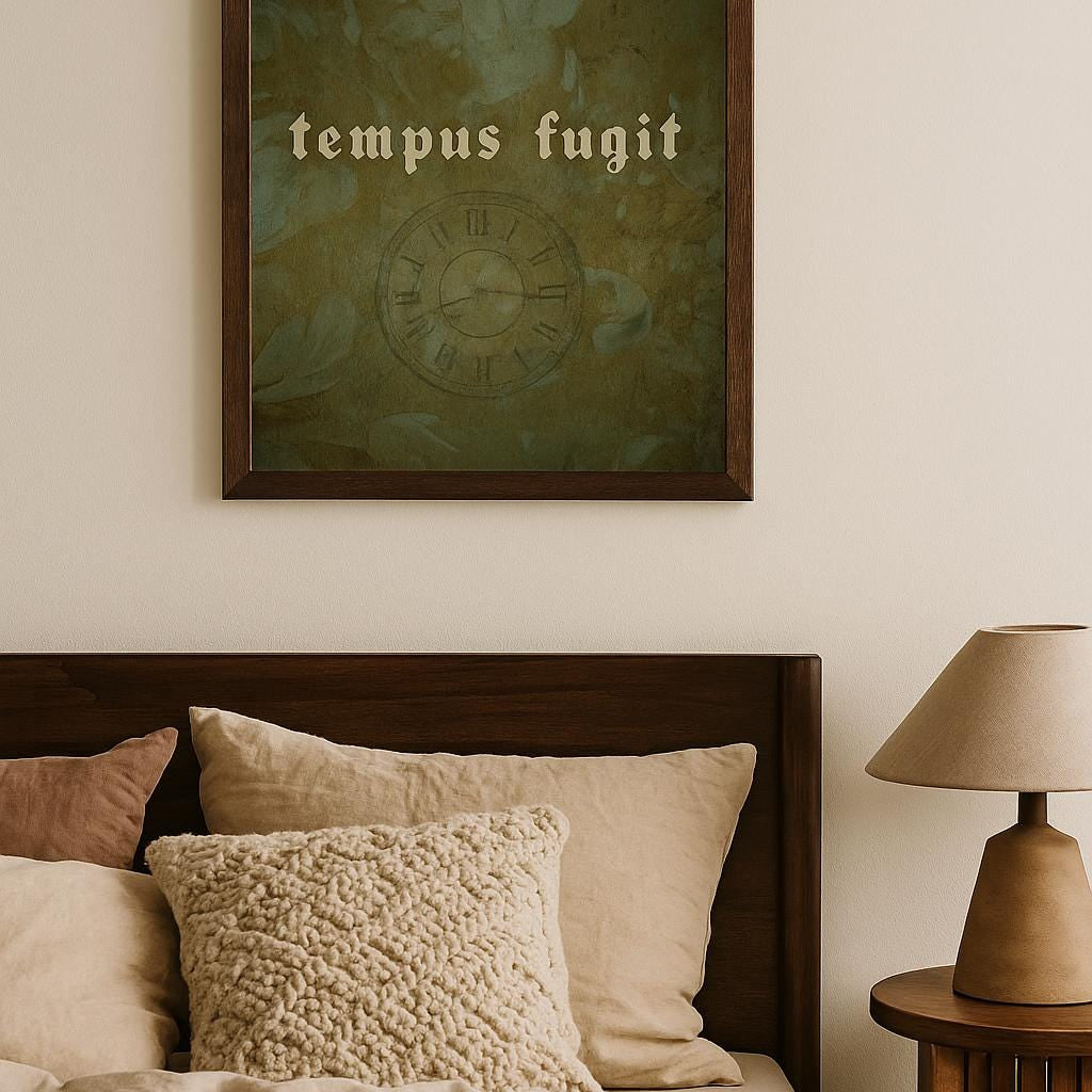 Tempus Fugit Wall Art – Latin Quote Print with Vintage Clock and Floral Background – Time Flies Framed or Unframed Gothic Decor