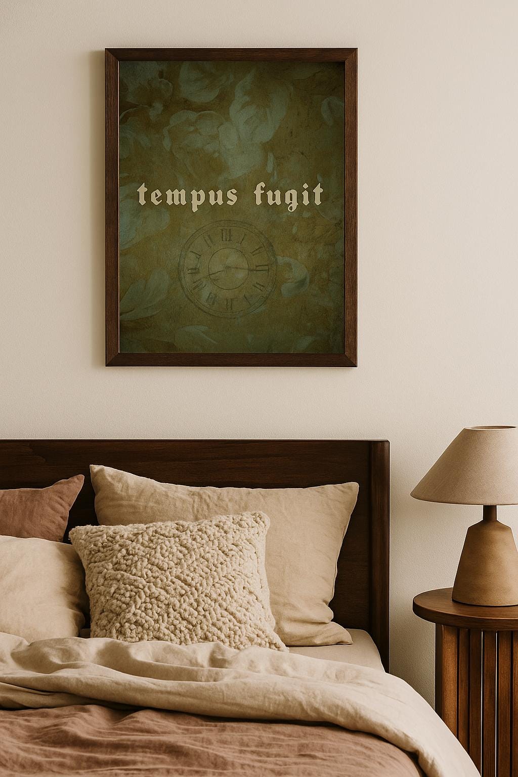 Tempus Fugit Wall Art – Latin Quote Print with Vintage Clock and Floral Background – Time Flies Framed or Unframed Gothic Decor