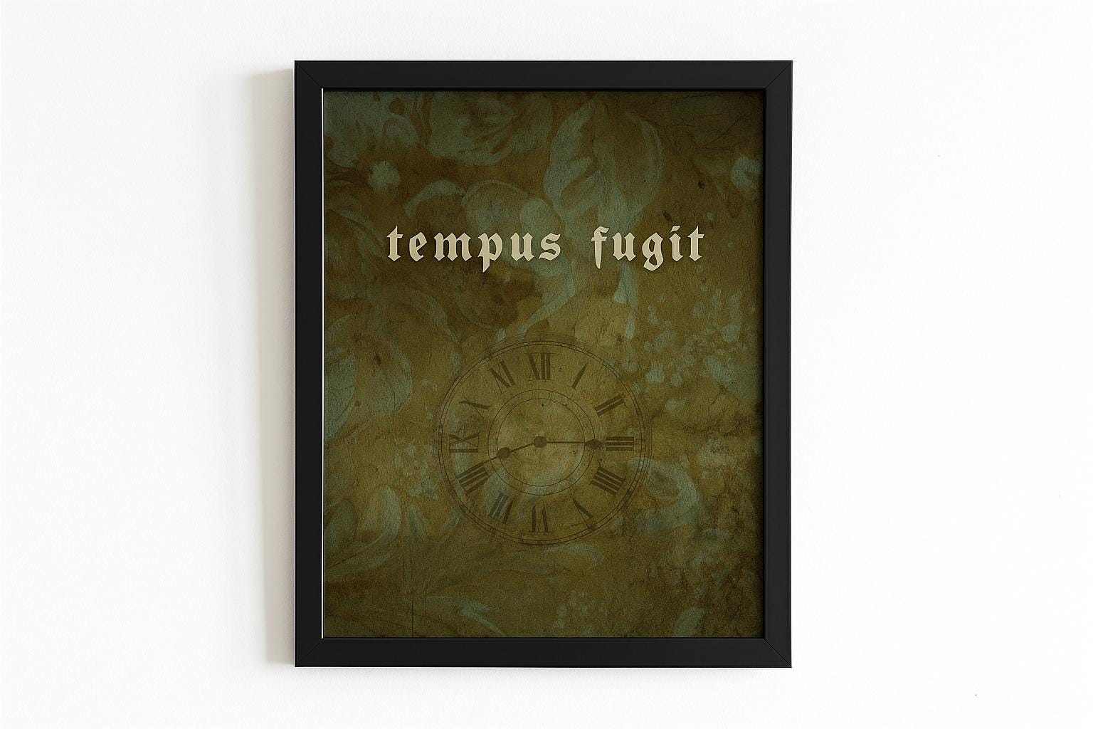 Tempus Fugit Wall Art – Latin Quote Print with Vintage Clock and Floral Background – Time Flies Framed or Unframed Gothic Decor