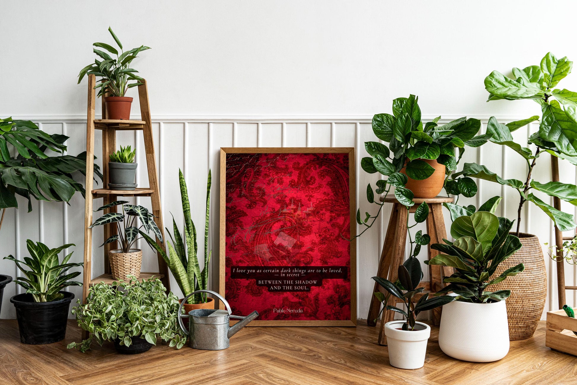Pablo Neruda Love Quote Wall Art Print – "I love you as certain dark things are to be loved" Romantic Poem on Deep Red Vintage Background