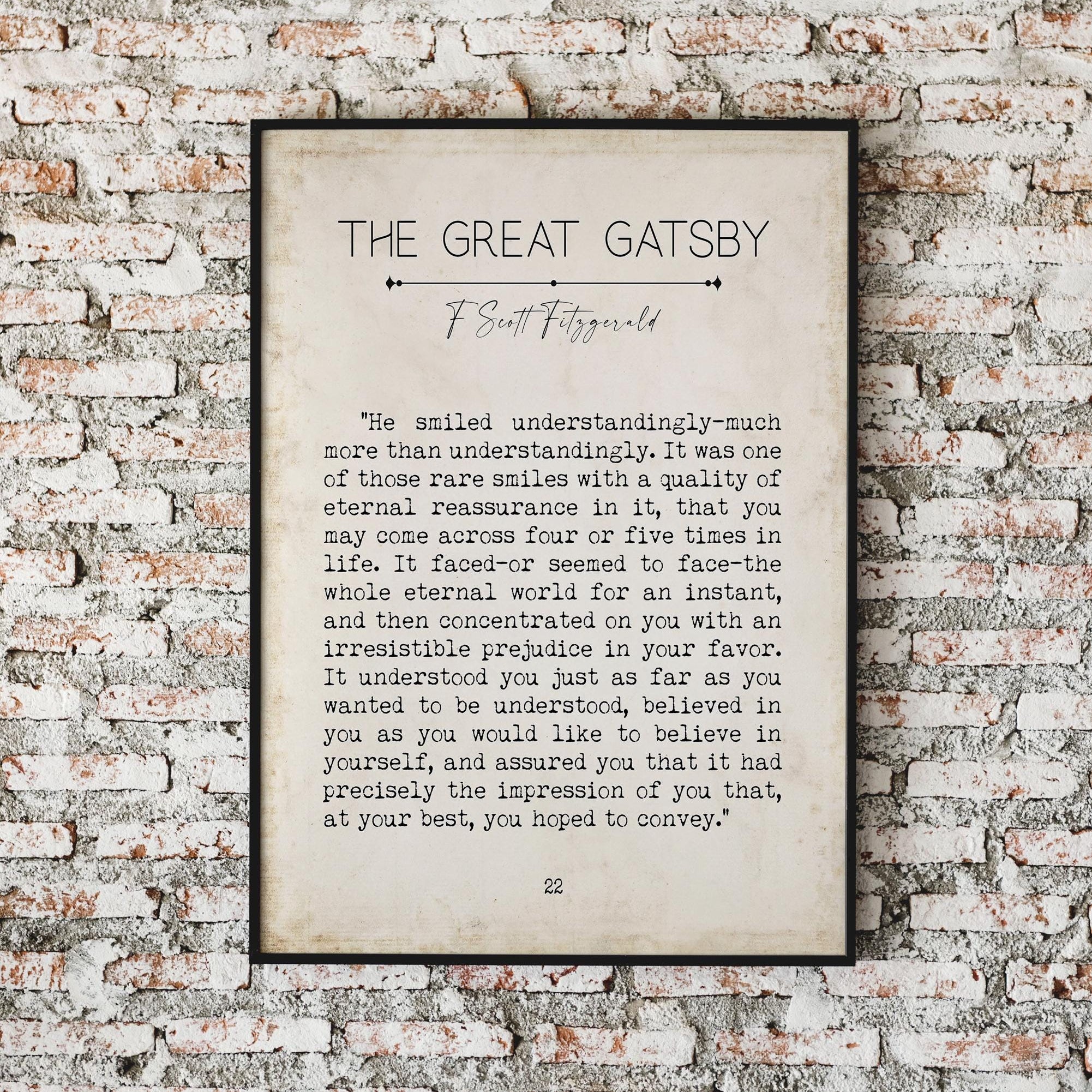 The Great Gatsby Quote Wall Art • F Scott Fitzgerald Book Page Style Print • Literary Vintage Decor for Book Lovers and Readers Gift