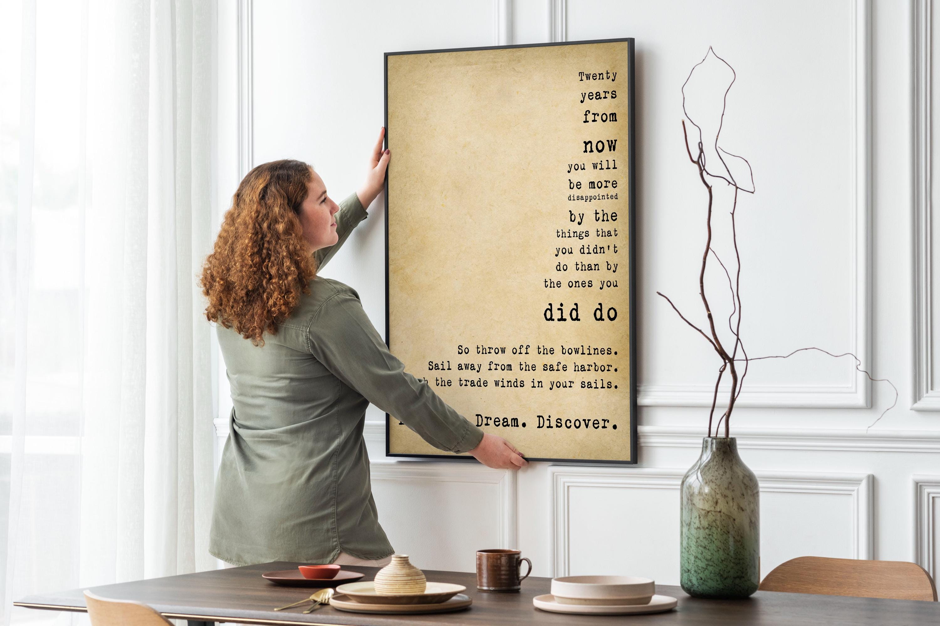 Vintage Style Explore Dream Discover Mark Twain Quote Wall Art – Rustic Inspirational Travel Print for Writers Thinkers Dreamers