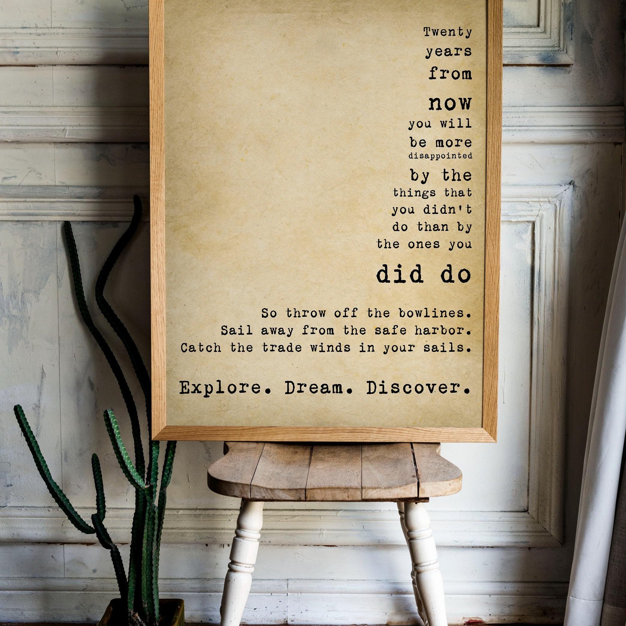 Vintage Style Explore Dream Discover Mark Twain Quote Wall Art – Rustic Inspirational Travel Print for Writers Thinkers Dreamers