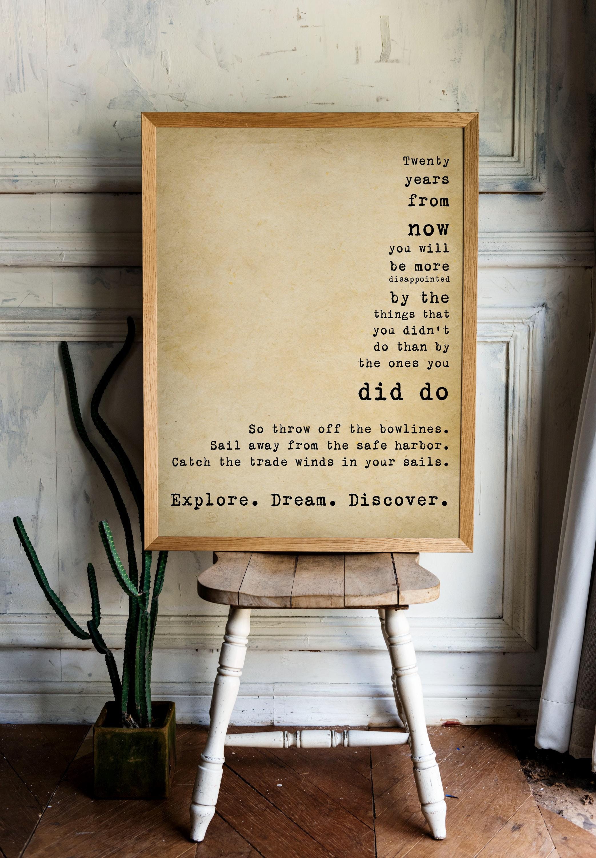 Vintage Style Explore Dream Discover Mark Twain Quote Wall Art – Rustic Inspirational Travel Print for Writers Thinkers Dreamers
