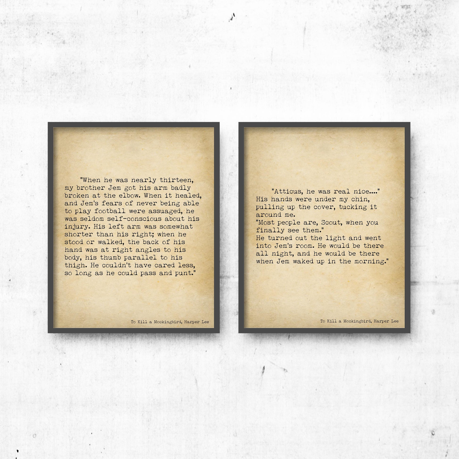 To Kill a Mockingbird Literary Wall Art Set, Harper Lee Vintage Book Page Decor
