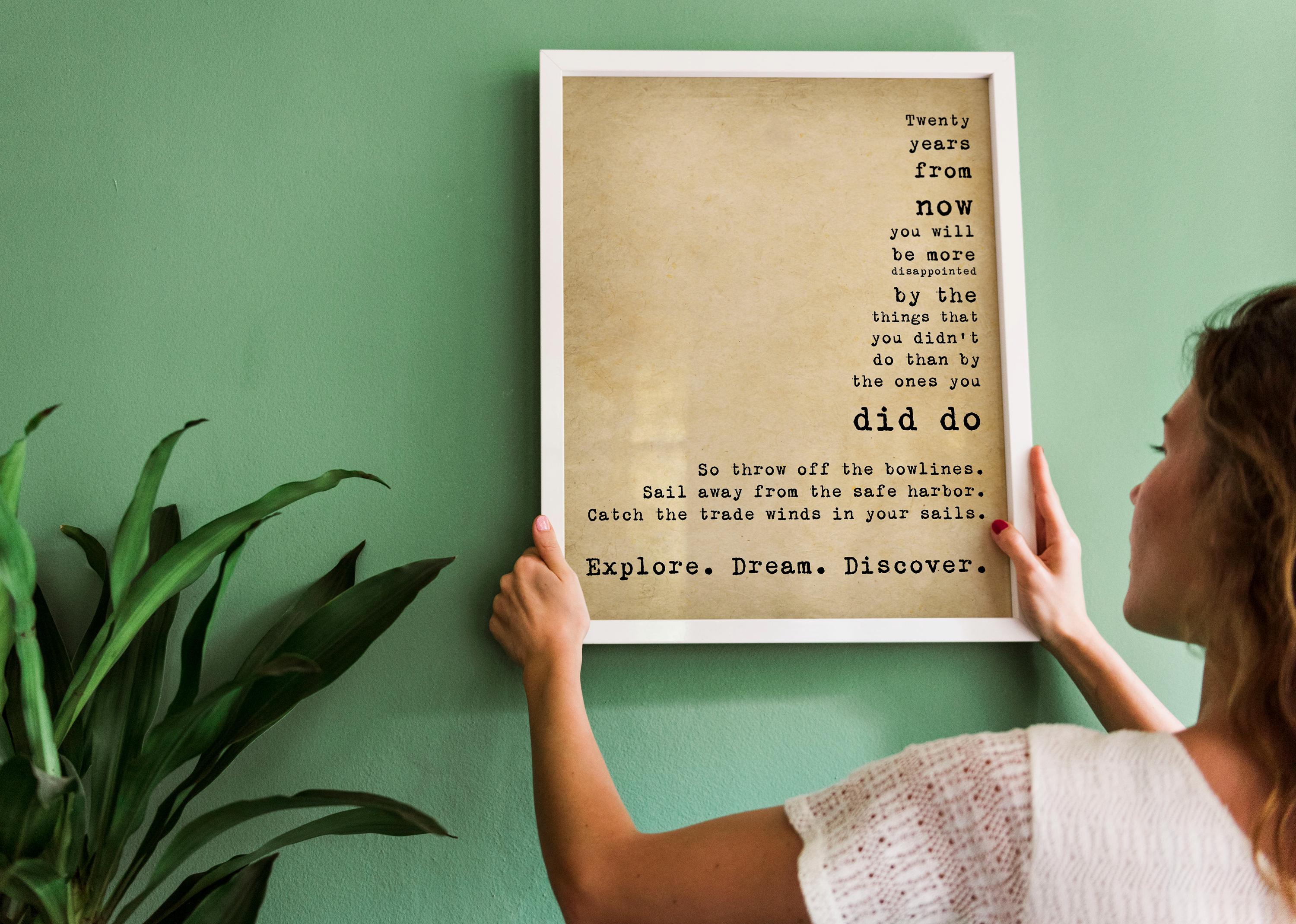 Vintage Style Explore Dream Discover Mark Twain Quote Wall Art – Rustic Inspirational Travel Print for Writers Thinkers Dreamers