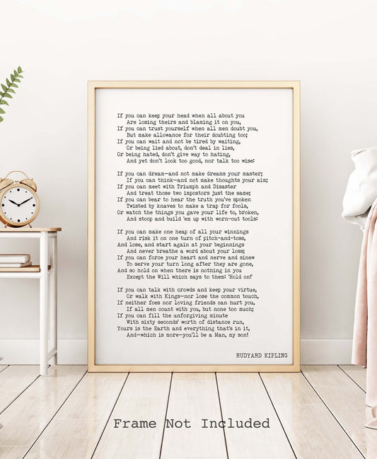 May include: A black and white typography print with a white background and black text. The text is a poem titled 'If' by Rudyard Kipling. The poem is about the qualities of a man. The print has a black frame and the words 'Frame Not Included' at the bottom.