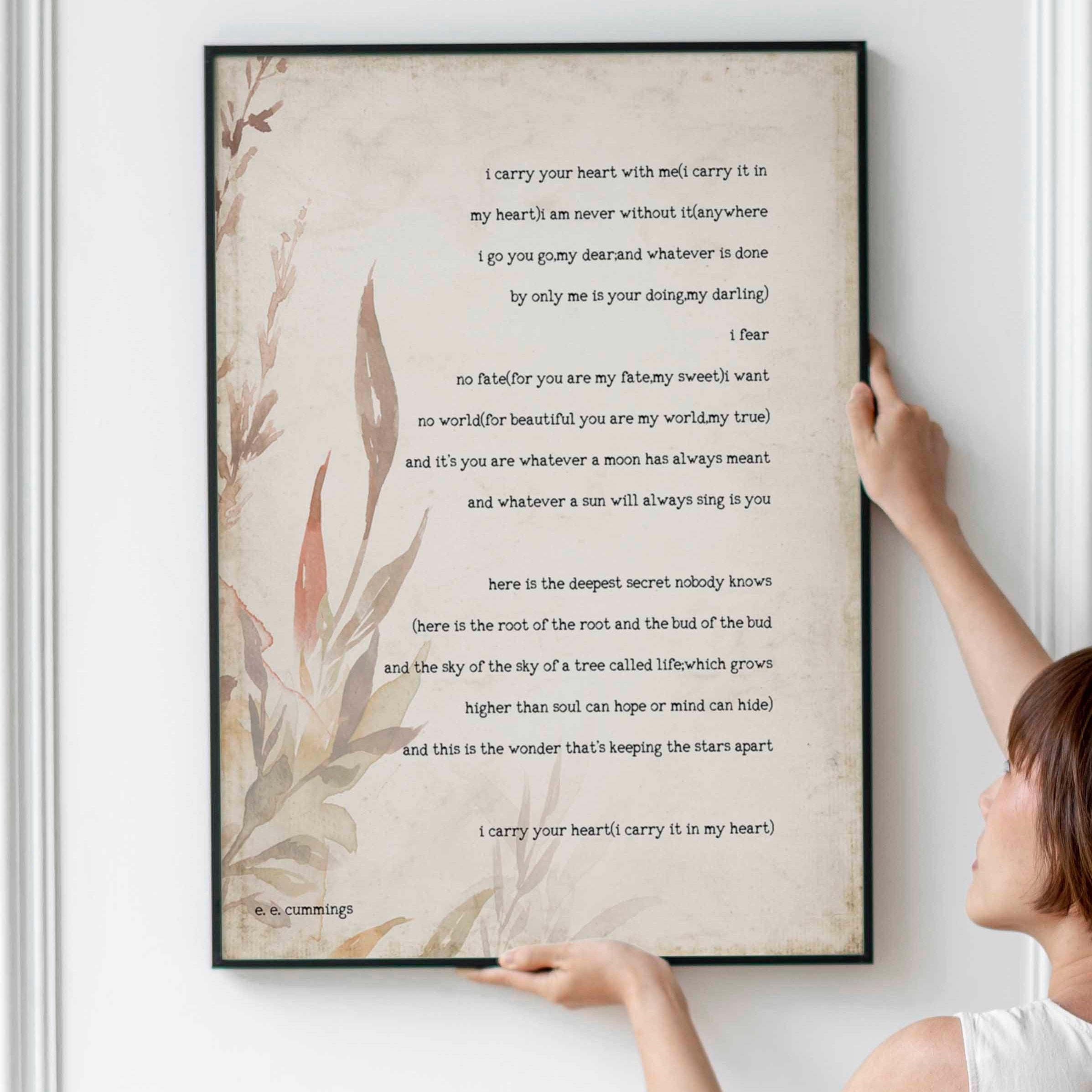 E E Cummings Love Poem Print i Carry Your Heart With Me Literary Wall Art Romantic Poetry Decor