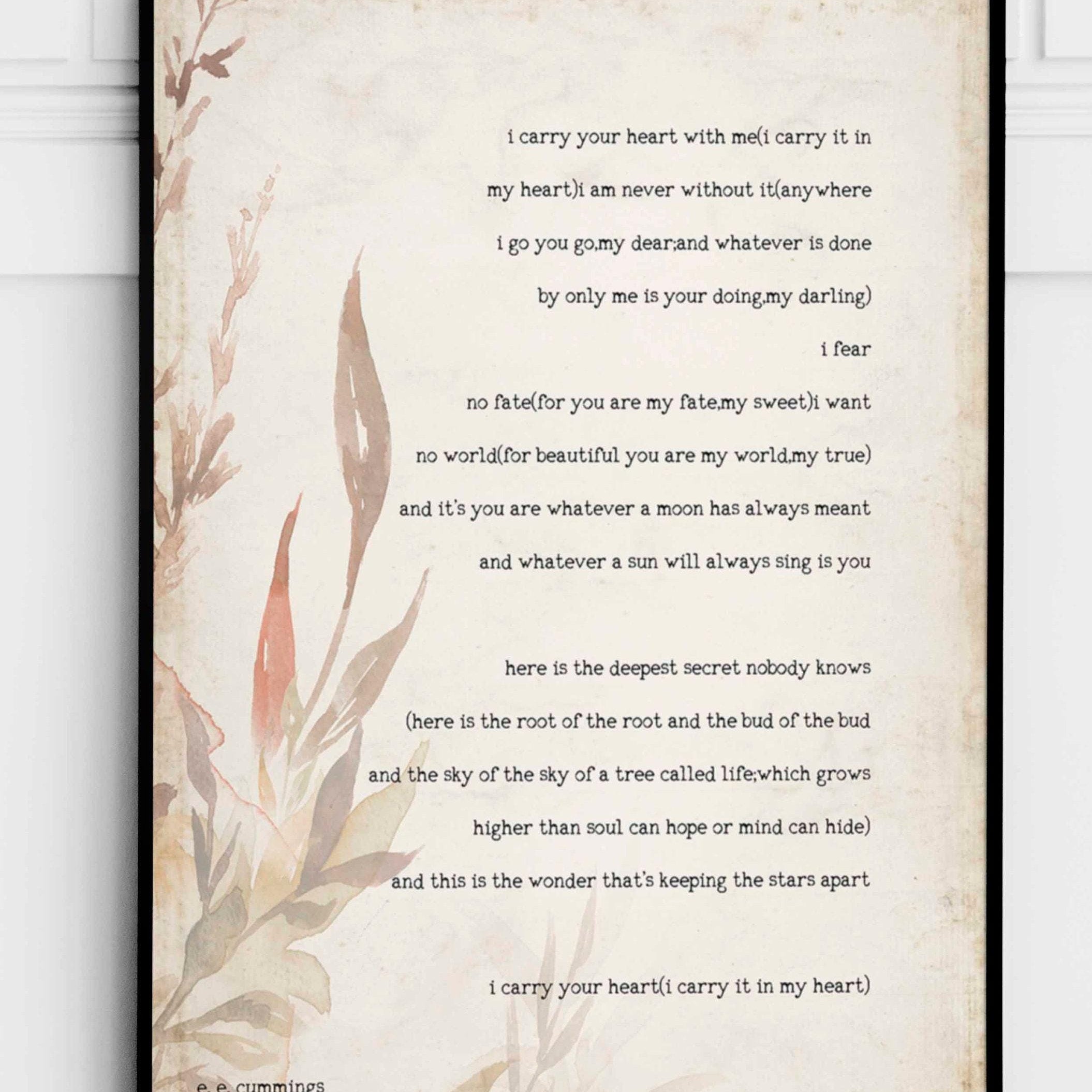 E E Cummings Love Poem Print i Carry Your Heart With Me Literary Wall Art Romantic Poetry Decor