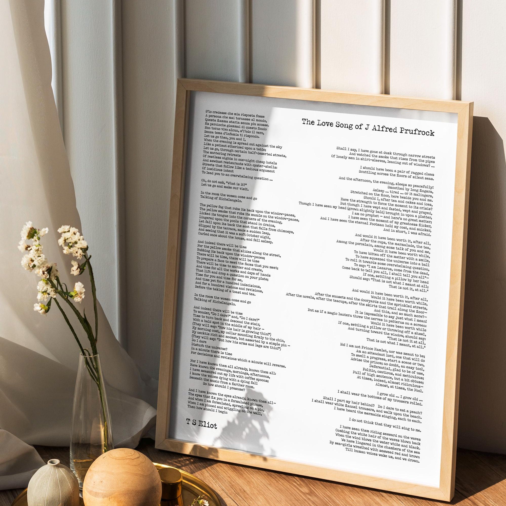 T.S. Eliot Poem Print – The Love Song of J. Alfred Prufrock | Vintage Style Literary Wall Art | Modernist Poetry Home Decor