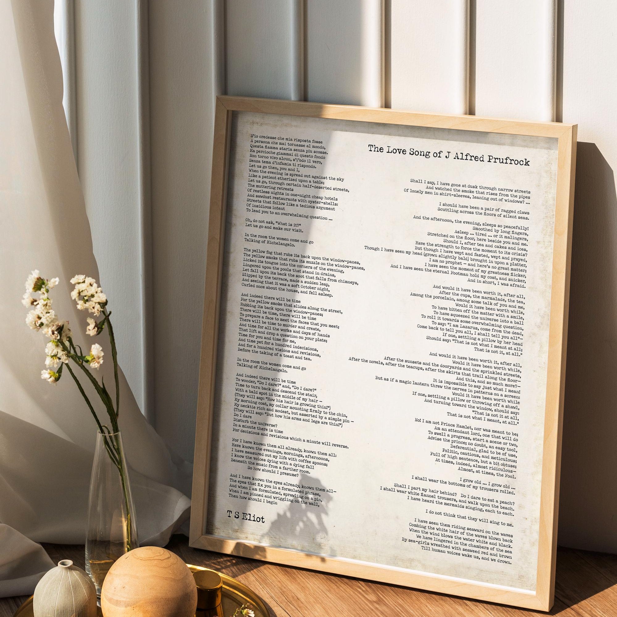 T.S. Eliot Poem Print – The Love Song of J. Alfred Prufrock | Vintage Style Literary Wall Art | Modernist Poetry Home Decor