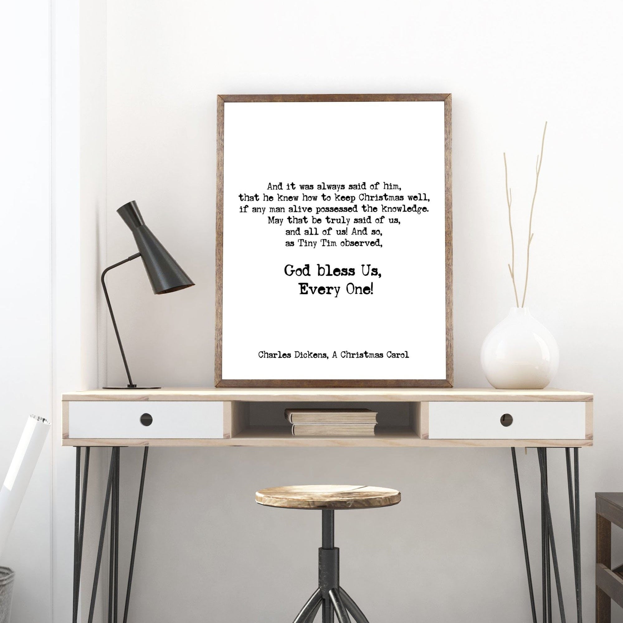 God Bless Us Christmas Carol Wall Art Quote Print, Charles Dickens Black and White Print