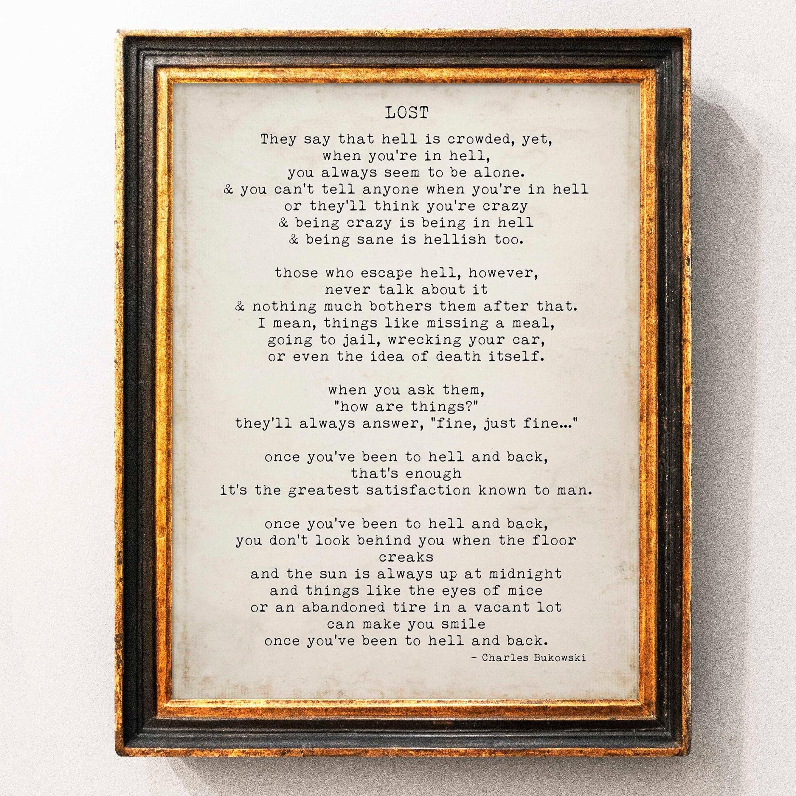 Charles Bukowski Poem Print – “Lost” Literary Wall Art, Minimalist Typewriter Style