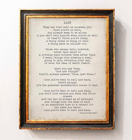 Charles Bukowski Poem Print – “Lost” Literary Wall Art, Minimalist Typewriter Style